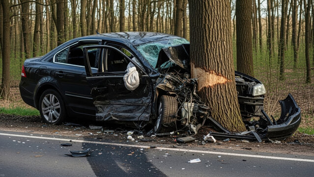Severely damaged black car crashed into a tree on forest road  