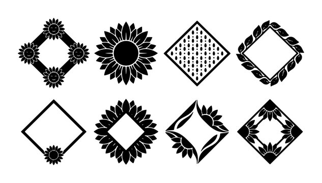 Floral Geometric Frames, Decorative Sunflowers & Leaf Borders, Elegant Square Emblems, Vector Design Elements for Invitations and Branding