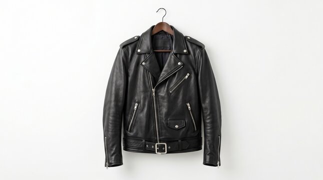 Classic Black Leather Biker Jacket on Hanger