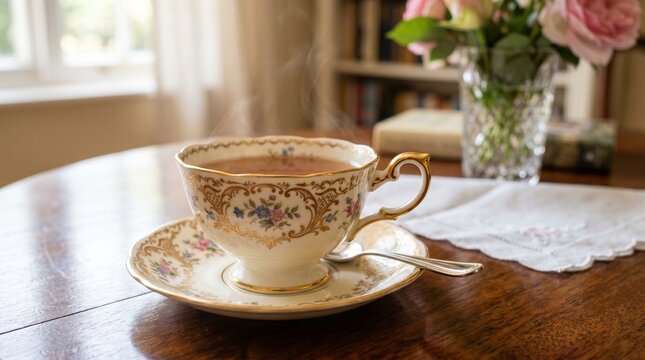Vintage Floral Teacup with Steaming Hot Tea