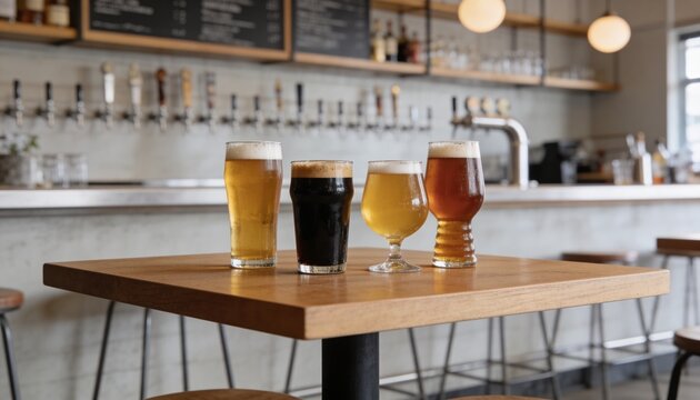 Craft beer flight with four different styles on a wooden table.