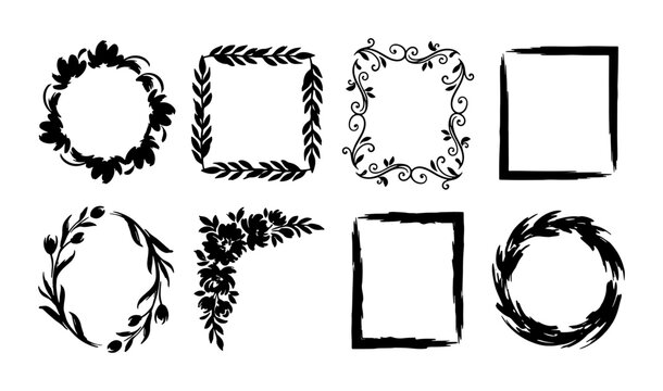 Hand-drawn floral frames and borders, botanical elements, decorative accents, rustic design assets, black and white vector illustrations