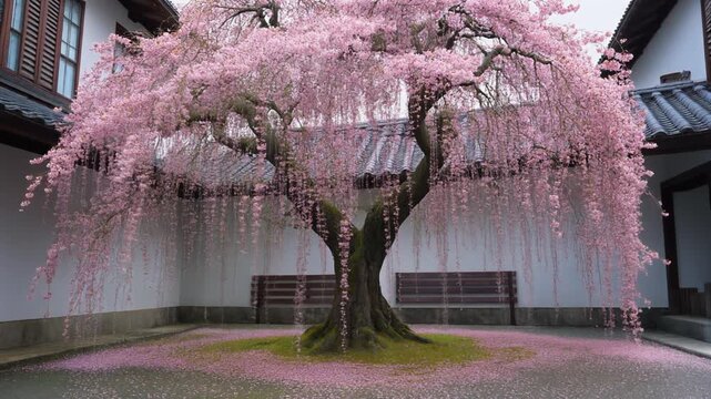 Beautiful panorama cherry blossom tree in a traditional garden