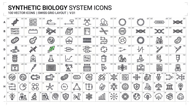 Synthetic biology system icons in a swiss grid layout vector set