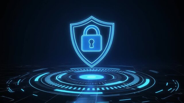Blue glowing shield with padlock hovering above circular digital interface on dark background, symbolizing cybersecurity, encryption, data protection, and secure technology systems.