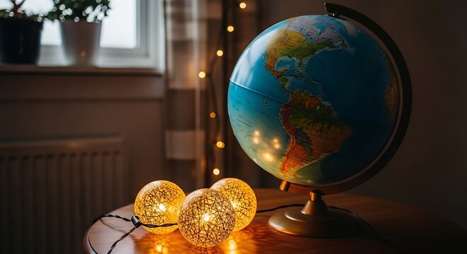 World globe and glowing decorative string lights on table at home
