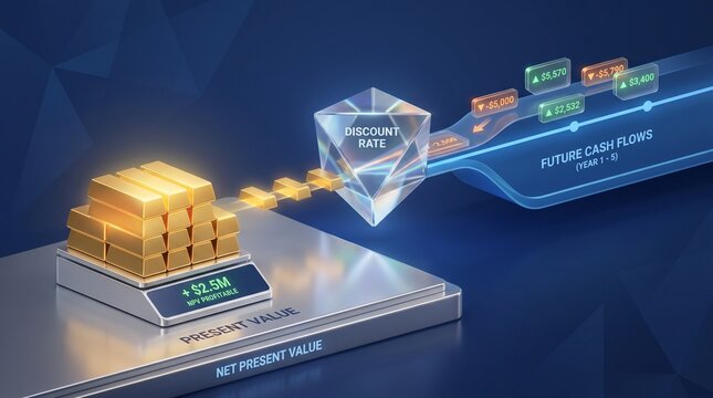 Net Present Value (NPV) concept in corporate finance with gold bars and future cash flows 3D illustration