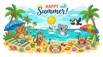 Obraz premium Happy Summer Beach Scene with Animals Enjoying Vacation