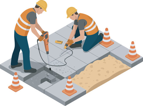Two construction workers fixing broken sidewalk tiles with tools and safety gear during pavement maintenance in urban area, isometric cartoon illustration for infrastructure repair and city service 