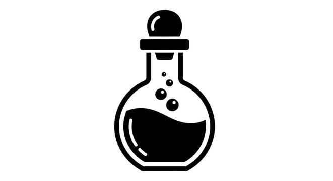 Black and white magic potion bottle icon with bubbles.