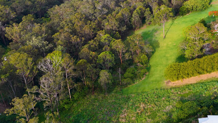 Elevated Perspective of Dense Australian Forest Bordering a Manicured Green Field © blueringmedia