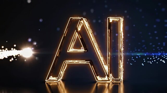 Illuminated letters "AI" with sparkling light trails and glowing effects, showcasing dynamic motion and vibrant colors against a dark background