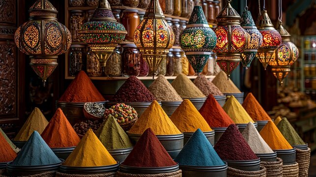 Vibrant piles of aromatic spices displayed under ornate glowing lanterns in a traditional moroccan market