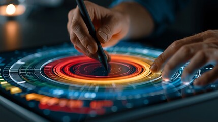 Fototapeta premium Close up of a designer using a stylus on a glowing digital tablet interface screen