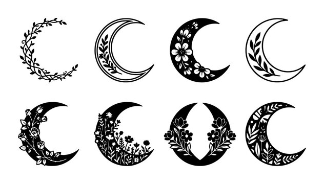 Celestial Crescent Moon Vector Icons, Floral Lunar Phases, Mystical Boho Decorative Elements, Black and White Graphic Set