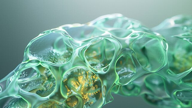Translucent green cellular organism with glowing golden centers reflecting abstract microscopic biology.