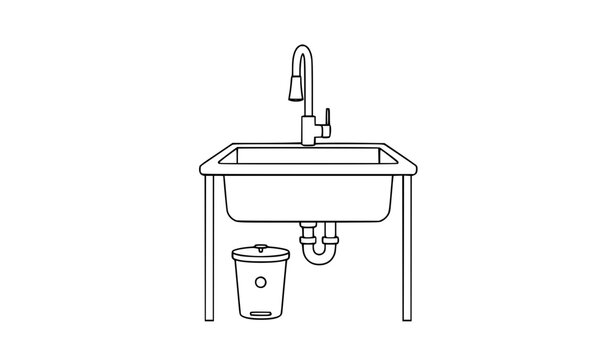 Minimalist Kitchen Sink Line Art with Modern Faucet Drain Pipe and Compost Bin Vector