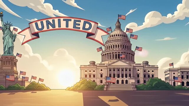 Cartoon of US landmarks, the Statue of Liberty and Capitol, decorated with flags, banner