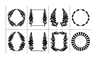 Botanical Floral Frames & Wreaths, Elegant Foxglove Vector Designs, Decorative Flourish Borders, Black and White Organic Elements for Invitations and Branding © Jannatul