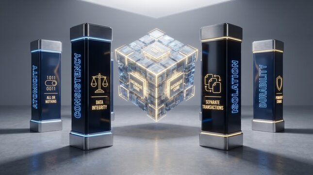 Conceptual 3D render of architectural pillars and a central cube representing ACID properties of database transactions in a futuristic setting