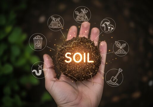 World environment day hand holding soil with environmental icons