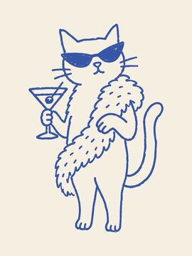 Cool Cat Cocktail Doodle Sketch Vector Illustration