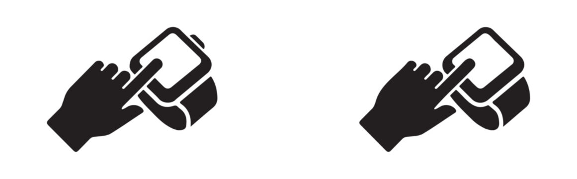 Hand touching screen of smart watch icons on transparent background showing finger interaction with wearable dev.