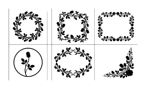 Elegant Floral Vector Frames and Borders, Botanical Wreath and Corner Elements, Decorative Flourish Accents, Black Silhouette Design Assets