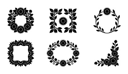 Black Sunflower Floral Frames & Borders Vector Set, Decorative Botanical Elements for Design Projects, Elegant Floral Accents © Imran