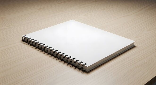 Spiral bound notebook on wooden desk with blank white pages