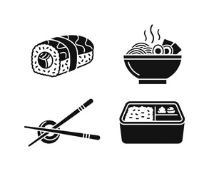 Japanese food icons sushi, ramen, chopsticks, and bento box illustrations for culinary and travel themes © ARIF