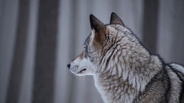 Gray wolf in profile view stands alert in a snowy forest, showcasing its thick fur and sharp features against a blurred backdrop of trees and winter scenery