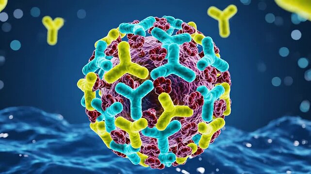 3D Visualization of Virus with Antibodies: Immune Response Against Pathogens in Scientific Background