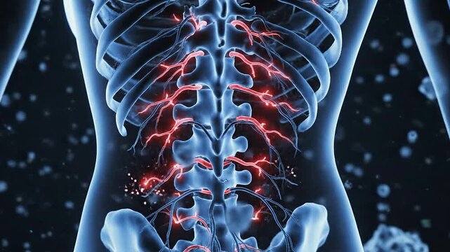 3D Visualization Of Human Spine Highlighting Nervous System Neural Pathways In Luminescent Blue Against Dark Background