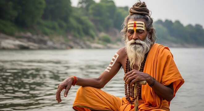 Elderly Indian sadhu meditating by a river in orange robes at Varanasi