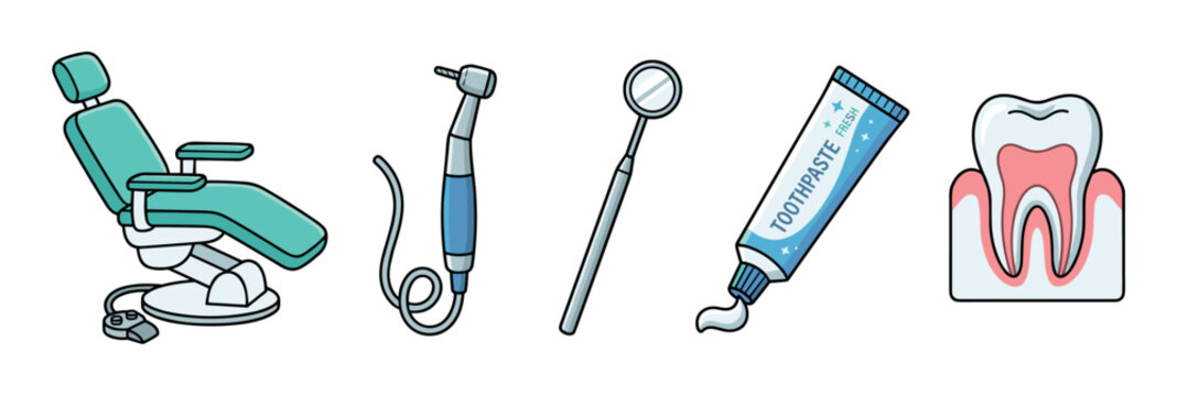 Dental clinic equipment and oral care tools collection featuring examination chair handpiece dental mirror toothpaste tube and healthy tooth illustration for dentistry treatment