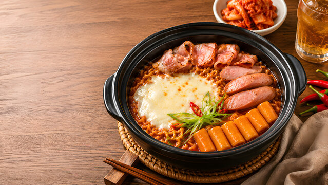 Korean spicy ramen with cheese, sausage and rice cakes