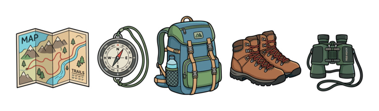 Collection of outdoor adventure equipment featuring a folded map, navigation compass, large backpack, durable hiking boots, and powerful binoculars.