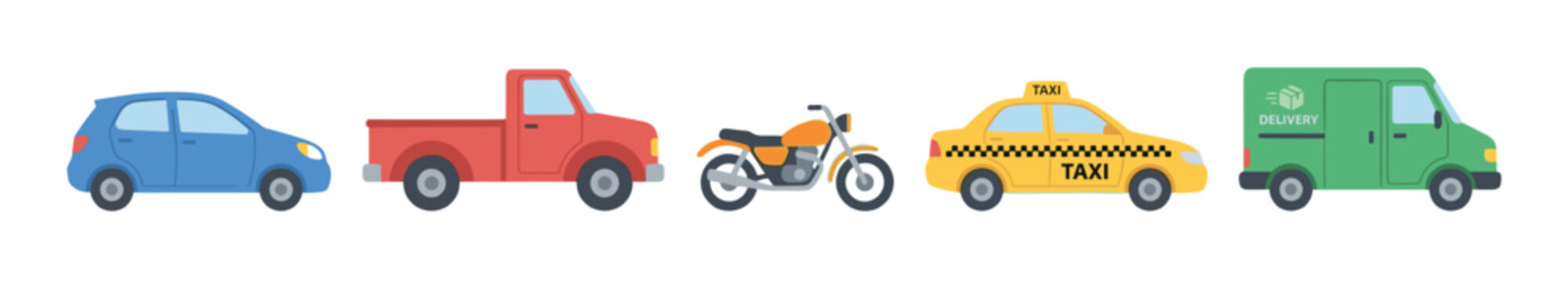 Various cartoon vehicles including a blue car, red pickup truck, orange motorcycle, yellow taxi, and green delivery van illustrate different modes of transportation.