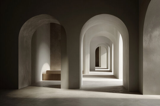 Minimalist architectural arches in beige stone, modern interior hallway with geometric shadows, serene abstract corridor background