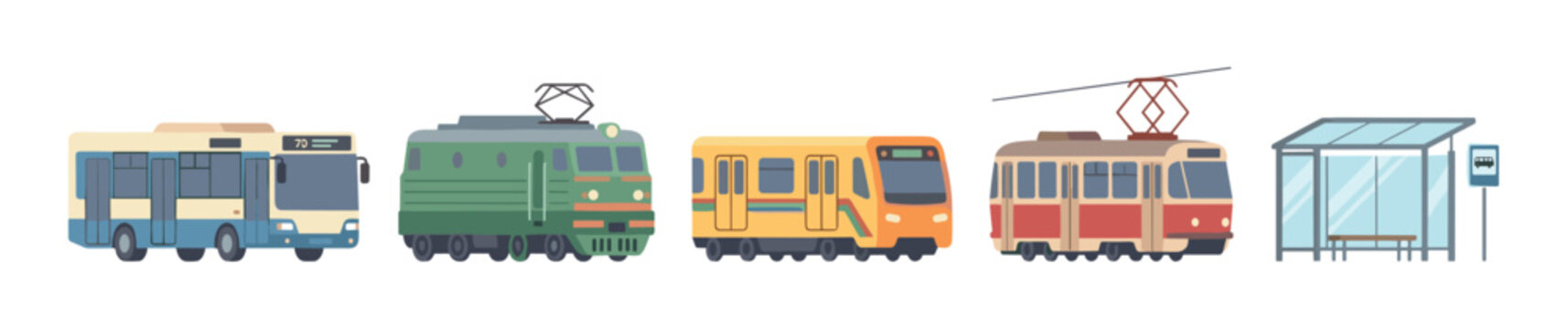 Various public transport vehicles and a bus stop are depicted in a colorful flat vector illustration, showcasing urban mobility options.
