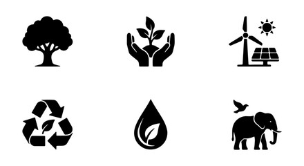 Obraz premium Eco-friendly Icons Set: Tree, Hands, Wind Turbine, Recycle, Water Drop, Elephant, Nature Symbols