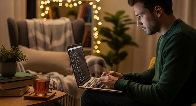 Focused man programming on laptop at home at night with glowing bokeh