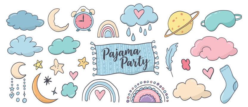 Pajama day slumber party sleeping doodle hand drawn icons with moons, clouds, hearts and alarm clock for kids event designs.