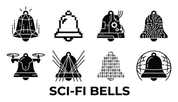 Futuristic sci fi bell icons set featuring digital pixel mechanical and circuit board designs set.