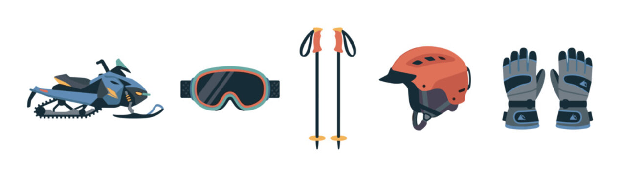 Essential winter sports equipment collection featuring a snowmobile, ski goggles, poles, protective helmet, and warm gloves ready for adventure.