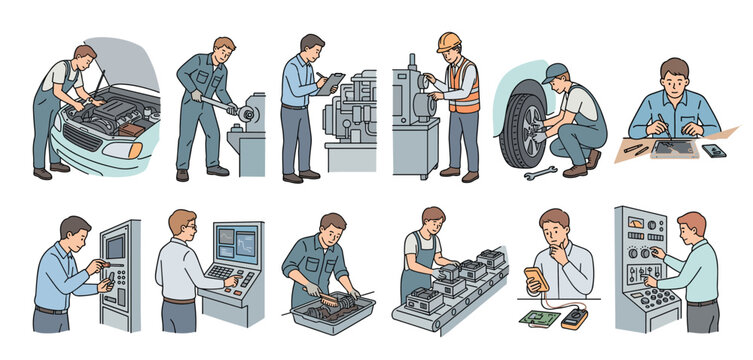 Skilled workers performing diverse industrial, mechanical, and technical tasks are illustrated in a detailed collection showcasing various professional occupations.