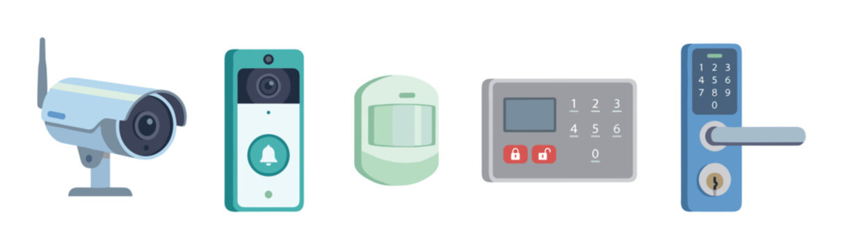 Smart home security devices including a surveillance camera, video doorbell, motion sensor, alarm keypad, and smart door lock for modern protection.