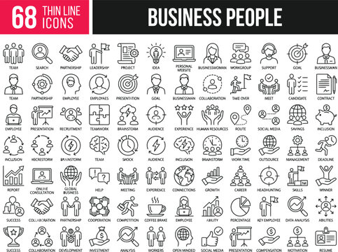 Business people line icons set. Businessman outline icons collection. Teamwork, human resources, meeting, partnership, meeting, work group, success, resume - stock vector.