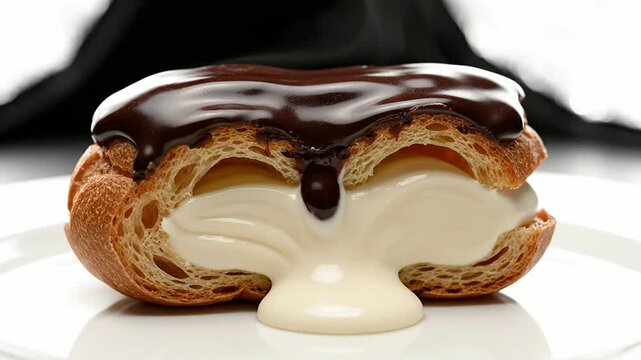 Close-Up Of A Chocolate Eclair Filled With Creamy Vanilla Custard And Glossy Icing On A White Plate With A Soft Focus Black Background